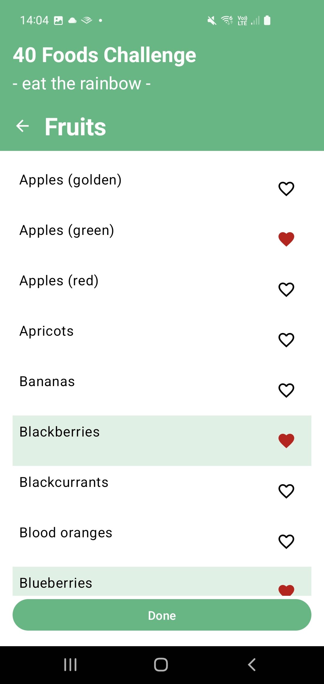 40 Foods Challenge app food selection screen – browse and log from 300+ whole foods organised by category including fruits, vegetables, nuts, grains and herbs