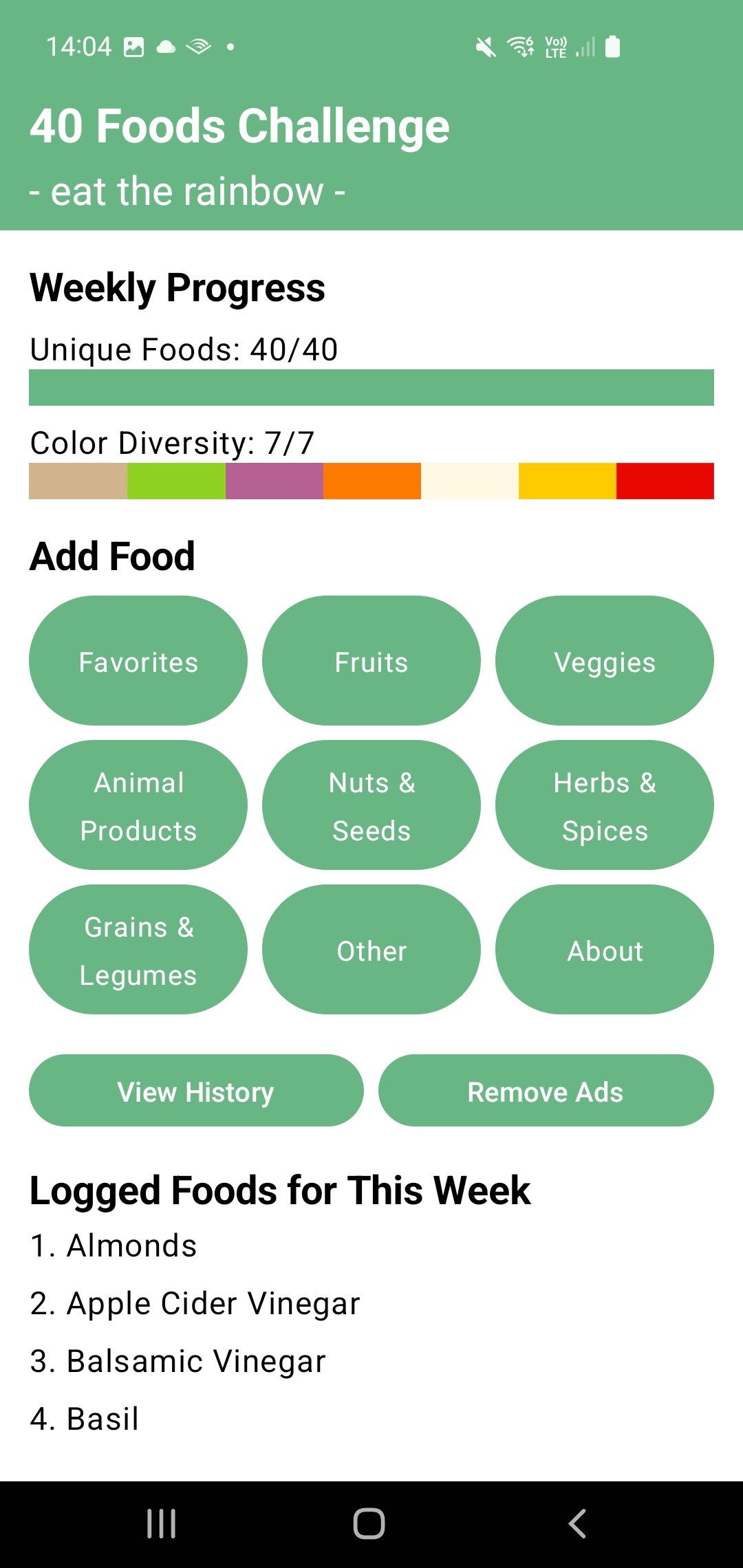 40 Foods Challenge app showing a completed week – 40 out of 40 whole foods logged and all 7 rainbow colour groups achieved
