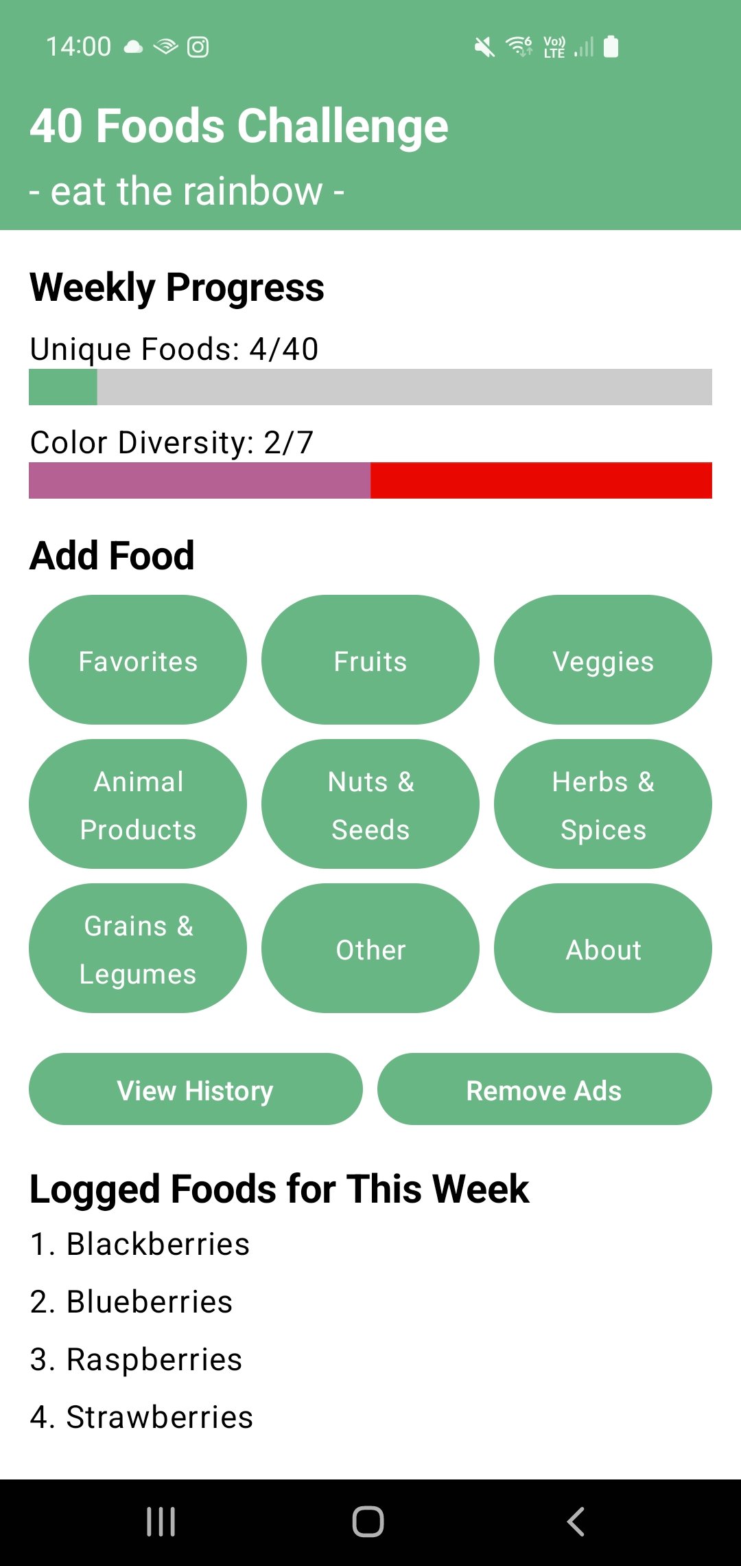 40 Foods Challenge Android app home screen – weekly food variety tracker showing unique foods logged and colour diversity progress bar